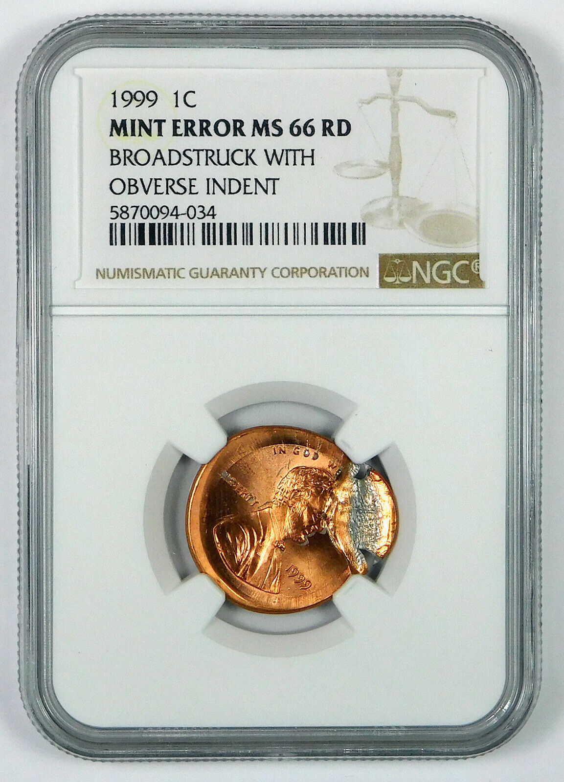 1999 Lincoln Memorial Cent - Ngc Mint Error Ms 66 Rd - Broadstruck W/ Obv Indent