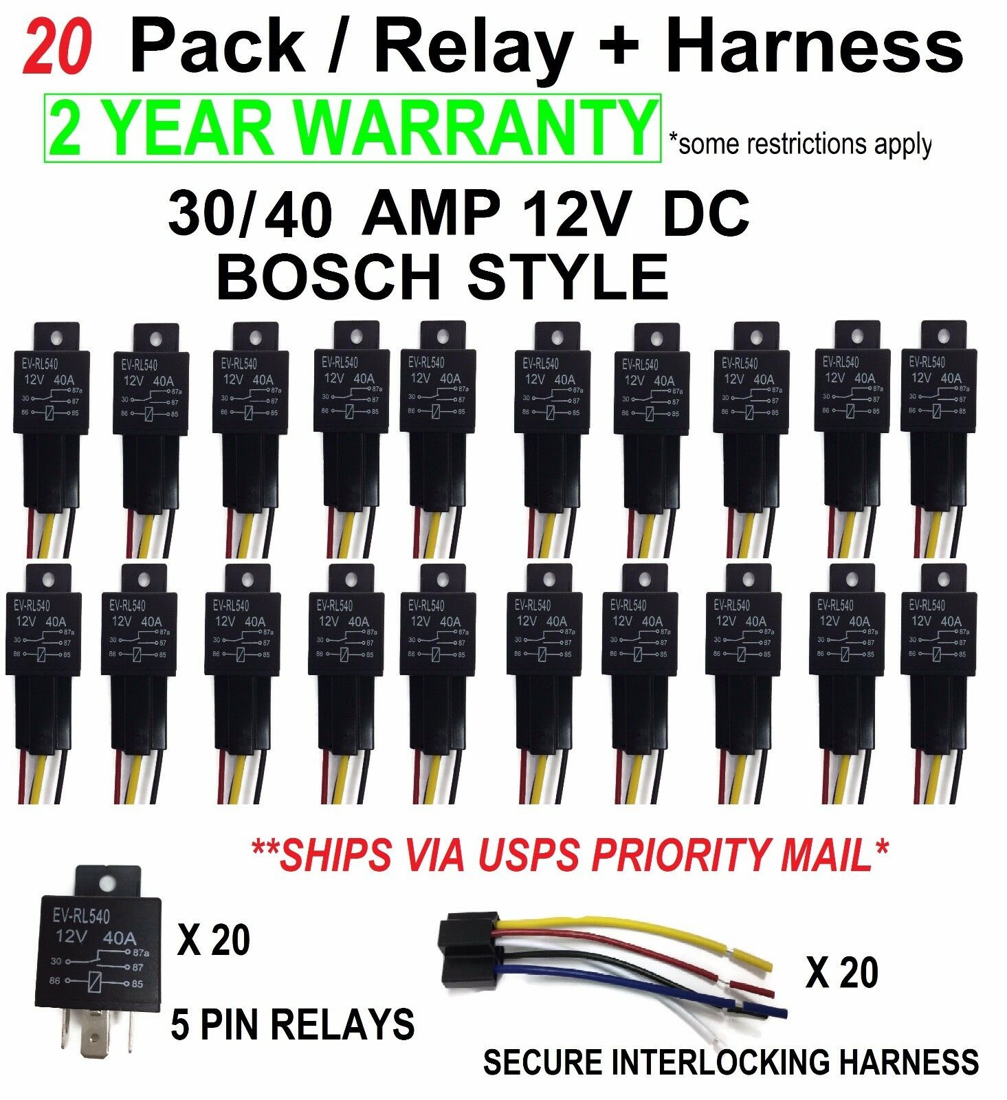 20 Sets Automotive Relay + 5 Wire Harness Socket Car Vehicle 12v 30/40 Amp Spdt