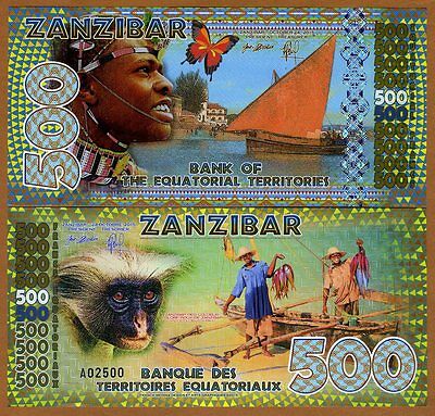 Equatorial Territories, Zanzibar 500 E Francs Polymer 2015, Unc > Monkey