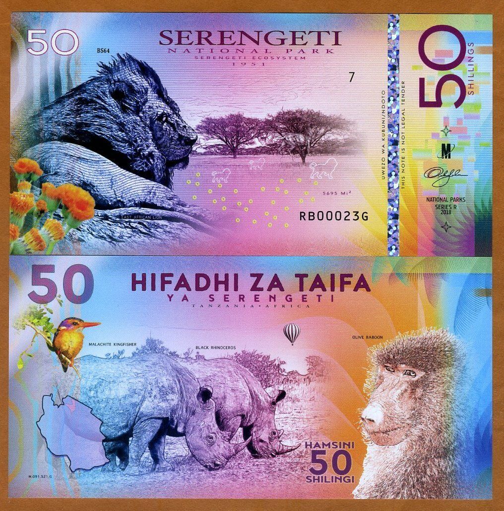 Tanzania, Serengeti National Park, 50 Shillings, Polymer, 2018 > Lion, Rhino